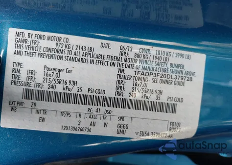 2013 Ford Focus Se z USA, uszkodzony, nr VIN 1FADP3F20DL379728